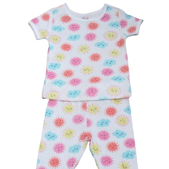 Little Me 2 Pc Pajama Shirt Pants Outfit Girls 12M White Short Sleeve Sun Clouds - Picture 1 of 5